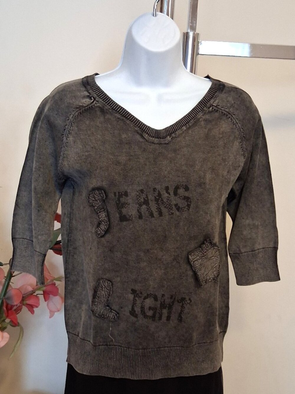 Soft Knit 100% Cotton Cardigan Sweater ¾ Sleeves Size S Gray